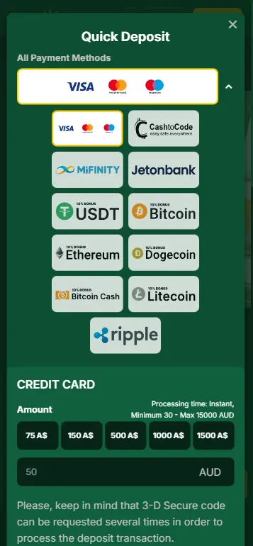 Wolf Treasure online PayID deposit interface for Australian players