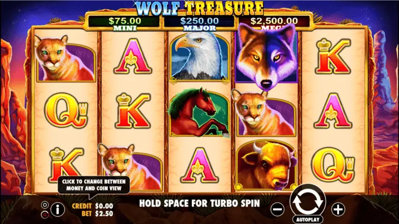 Wolf Treasure pokie base game showing Arizona wilderness backdrop with animal symbols