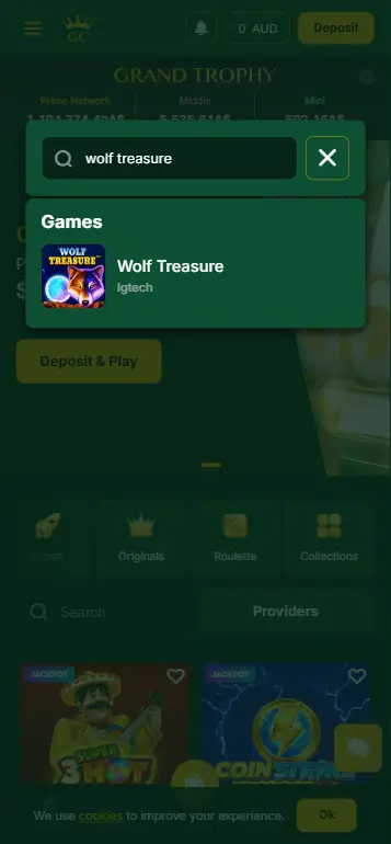 Wolf Treasure pokie game tile in casino pokies lobby
